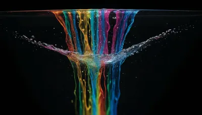 black background, water is illuminated from above by a beam of many colors