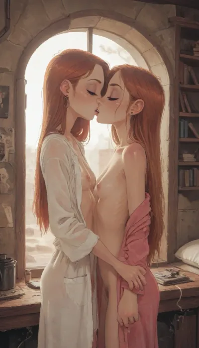 (Jack cayless art style), 2 girls, side view, colorful bedroom, light through the window, reaches for shelf, wearing only pink open bathrobes, emotionless, very skinny, tiny breasts, Ginger hair, long hair, pink mascara, ginger pubic hair, eyes closed, passionately kissing, (cartoon), tooned, cartoon, low color palette, painted, illustration, made in illustrator, no gradients, incase style, concept, retro, futuristic, flat colors, masterpiece, <lora:ratatatat74-000050:.3>, <lora:outline_xl_kohaku_delta_spv5x:.3>, <lora:cartoon_stickers_xl_v1:.3>, <lora:NEOTOKIOXL_0.2_RC:.3>, <lora:DetailedEyes_V3:.3>