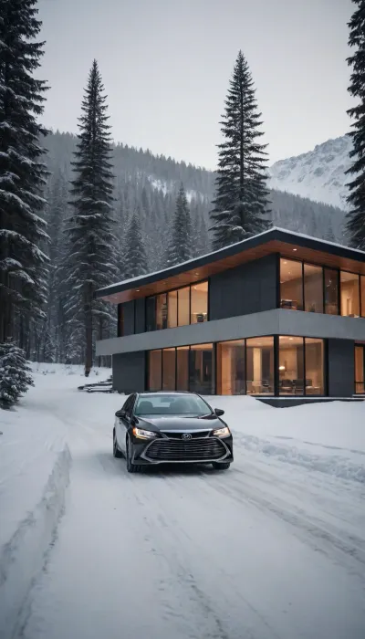 mountain forest, river, toyota avalon 2024, offroad ride, detailled, photography, highly detailed, sharp focus, intricate details, modern concret and glass warm lighted house, behind the scenery, snow drifts, blizzard
