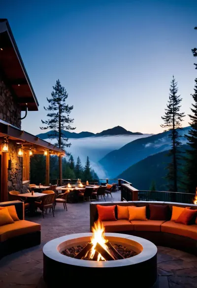 Create a coffee shop in the mountains. it should have a name titled the fog and flame. It should have an indoor and outdoor seating area. The outdoor seating area should have several semiprivate seating areas, (each with their own firepit.)