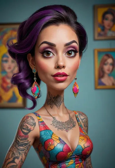 funny caricature, modern artist woman caricature, young latina female, 30 years old, vibrant tattoos, stylish earrings, bold makeup, big cartoonish head, exaggerated caricature features, confident expression, wearing colorful modern dress, standing assertive, caricature style with artistic flair, bright patterns, expressive strokes, whimsical