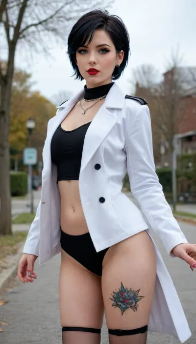masterpiece, best quality, 1girl, solo, mm, short hair, black hair, blue eyes, lipstick, hoop earrings, arm tattoo, anime coloring, anime screenshot, spiked collar, white coat, epaulettes, coat on shoulders, cleavage, black shirt, midriff, upper body, mouth hold, outdoors, looking at viewer, (thigh-high lace boots:.8)