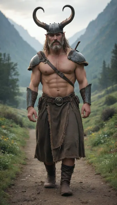 a surreal and vibrant cinematic photo of a strong Viking warrior walking confidently along a winding path with a secure and penetrating gaze at radiant sunset dusk from a frontal perspective, his weathered face illuminated by the warm orange glow of the setting sun, with a rugged beard and piercing blue eyes, wearing a horned helmet and carrying a large battle-axe, amidst a backdrop of lush green forests and majestic mountains, with a subtle film grain texture and a photorealistic style, evoking a sense of courage and adventure in a mystical atmosphere