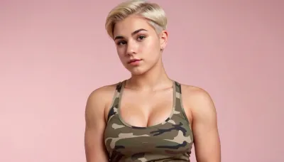 full body view of a cute 18-year old boy, feminine, short blonde hair with undercut, super tight fit camo tank top, curvy, ((armpits)), very large pectoralis major muscle, (((cute round feminine face))), plain white background, ((boobs)), dominant look
