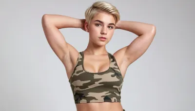full body view of a cute 18-year old boy, feminine, short blonde hair with undercut, super tight fit camo tank top, curvy, ((armpits)), very large pectoralis major muscle, (((cute round feminine face))), plain white background, ((boobs)), dominant look