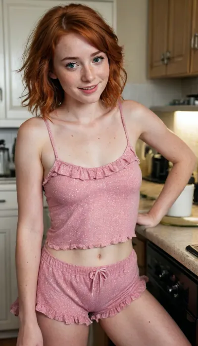 (slutty selfie:1.2), of a 18 yo with short red hair and, (freckles), (nsfw photo:1.2), focus on her, (long toned legs), (shy smile), large doe eyes, wide nose, (dimples), shy sexy pose, (detailed imperfect skin), ((moody lighting)), (18 years old), (wearing loose ruffle pajama shorts), (sitting on top of the kitchen counter, with legs spread), ruffle, pajama, shorts, <lora:BT_Ruffle_Pajama_Shorts_XL:1.5>