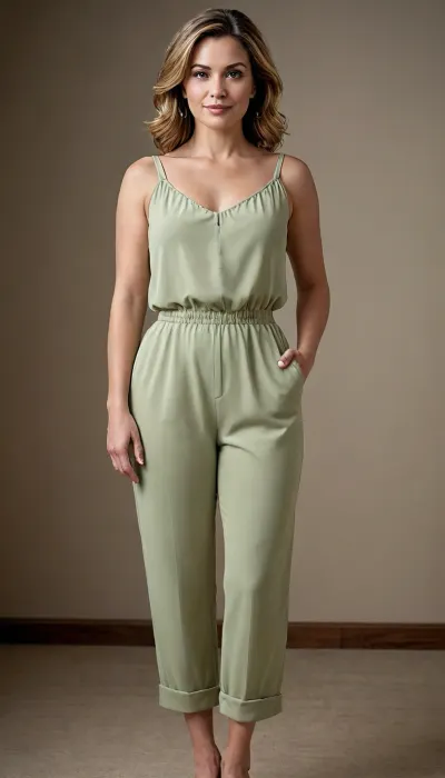 Create a photorealistic, ultra high-resolution full-body portrait of a mature Eastern European woman in her mid-50s. She has a warm, confident presence and a naturally curvy, pear-shaped figure with wide hips, thick thighs, and a softly defined waist. Her posture is relaxed and self-assured, standing with one leg slightly bent in a natural contrapposto stance. Her arms rest gently at her sides, fingers relaxed, conveying ease and emotional warmth.

Her face is expressive and detailed, light olive skin with realistic texture, faint forehead lines, crow’s feet around her eyes, and soft nasolabial folds. She has captivating green-hazel eyes with flecks of gold and blue, framed by long dark lashes and thick, naturally arched eyebrows. Her lips are full and softly curved, wearing muted plum lipstick with a satin finish. Her expression is gentle and inviting, with a subtle smile that reflects warmth and personality.

Her hair is shoulder-length, layered, and styled naturally with caramel-blonde highlights over a darker brunette base. It is parted slightly off-center, with strands tucked behind one ear revealing a small silver stud earring, while the rest cascades softly over her shoulder. The hair texture is realistic, with natural shine and movement.

She wears a blush-colored sleeveless jumpsuit made of soft cotton blend fabric. The neckline is modest, showing her collarbones safely. The waist is cinched with a gentle elastic band, creating soft gathers in the fabric. The pants are wide-legged and reach her ankles, draping naturally over her hips and thighs. The outfit is styled tastefully, emphasizing comfort, maturity, and body-positive realism.

Lighting is soft and cinematic, highlighting her facial features and contours without harsh contrast. The background is a softly lit living room with neutral tones, beige carpet, off-white walls, and a warm lamp glow. The setting conveys intimacy, safety, and emotional authenticity. The overall tone is respectful, body-positive, and emotionally expressive.

--camera settings, DSLR depth of field, 85mm lens equivalent, f/2.8 aperture, ISO 100, natural white balance--