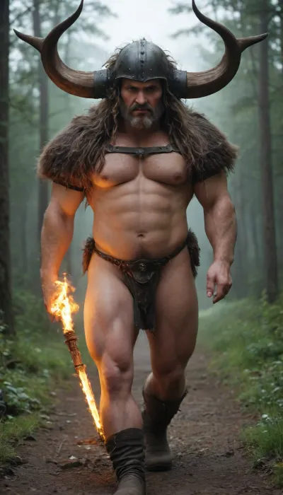 a surreal and vibrant cinematic photo of a strong Viking warrior walking confidently along a winding path with a secure and penetrating gaze at radiant sunset dusk from a frontal perspective, his weathered face illuminated by the warm orange glow of the setting sun, with a rugged beard and piercing blue eyes, wearing a horned helmet and carrying a large battle-axe, amidst a backdrop of lush green forests and majestic mountains, with a subtle film grain texture and a photorealistic style, evoking a sense of courage and adventure in a mystical atmosphere