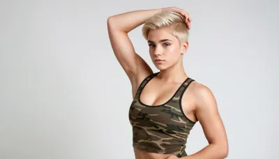 full body view of a cute 18-year old boy, feminine, short blonde hair with undercut, super tight fit camo tank top, curvy, ((armpits)), very large pectoralis major muscle, (((cute round feminine face))), plain white background, ((boobs)), dominant look