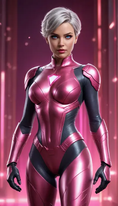 A stunning 3D-rendered female superhero in a full-body portrait. She stands confidently in a glowing pink atmosphere, with soft neon pink highlights illuminating her beautiful face and armor. She has expressive blue eyes, smooth realistic skin, short hair, grey hair, red lipstick, slim curvy hourglass body. Her futuristic superhero suit and stiletto boots features detailed textures in shades of pink and rose-gold. Background filled with dreamy pink light, sparkles, and soft energy waves