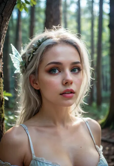 you will be a 25-year-old forest fairy sitting on the branches of trees above the ground or flying in the air, you will be dressed in a forest outfit, your hair will be long, white\, silver, and your skin will be blue, green, you will have fairy wings behind your back, narrow shoulders, big breasts, narrow waist, wide hips, pronounced sexuality, you hear a noise and get very scared, you look angrily at the surrounding area. Let it be a dark night, a scary forest with creepy trees, mutant mushrooms, a very dark, magical mystical place, rpg, portrait, photograph, 4ng3l, face, <lora:M05_Intensify:1>, <lora:rpg_portrait:1.5>, <lora:SDXL_BetterFaces-LoRA_v1:2>