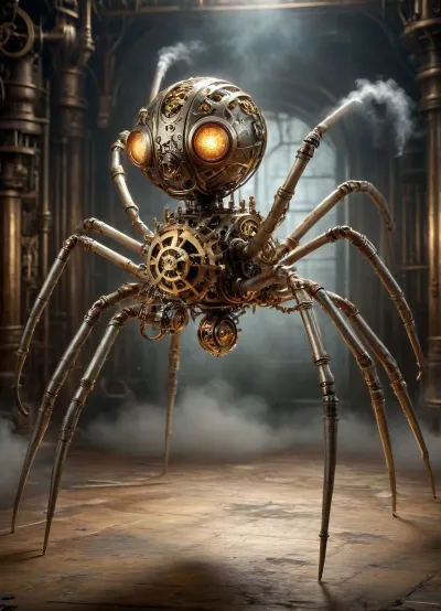 Harsh lighting. Full body rendering of an ominous looking mechanical spider adorned with a star of life. automaton charges forward, mid stride, dynamic motion effect., mcs1, DonMSt34mPXL, steampunk, gears, <lora:multicolored-colorful-smoke-000008:1.6>, colorful smoke from the body, <lora:DonMSt34mPXL-000006:1.6>, <lora:steampunkXL:1>
