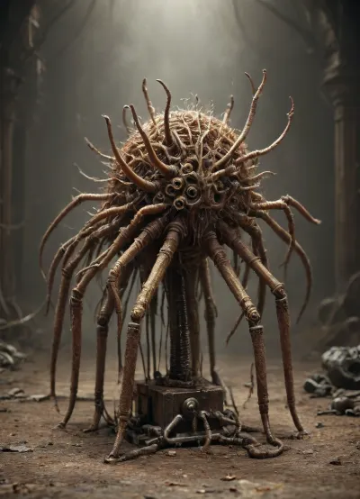 Harsh lighting. Full body rendering of an ominous looking mechanical spider body. The spider straddle a woman, about 30 years old, classically beautiful but bound with web in a vulnerable pose., mcs1, DonMSt34mPXL, steampunk, gears, rainbow warm colors smoke, colorful smoke from the body, worms, of, terror, <lora:multicolored-colorful-smoke-000008:2>, <lora:DonMSt34mPXL-000006:.9>, <lora:steampunkXL:1.9>, <lora:Worms Of Terrors-GMR:.8>, fucking machines, check, the, instruction, prompt, is, rather, too, long, <lora:stationaryrestraint-anxl31-000076:.8>