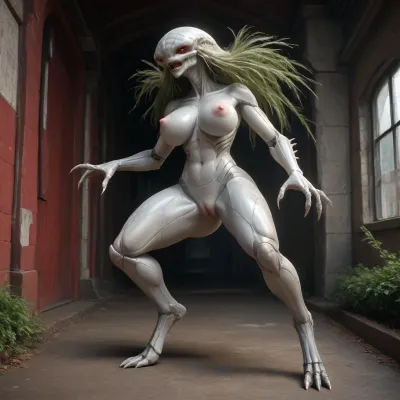 sexy alien female, in her spaceship, metallic silver skin, (massive big boobs:1.5), her pussy looks like a carnivore plant, full body