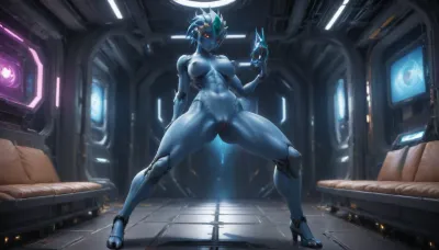 sexy alien female, inside a spaceship, metallic blue skin, (big spiky nipples:1.5), (her pussy has spikes:1.5), full body, athletic, muscular