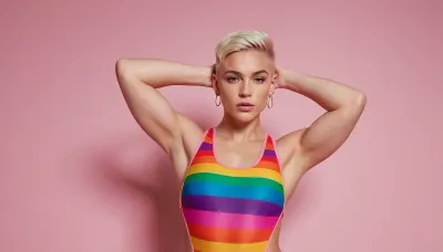 queer non-binary masculine androgynous girl, ((VERY muscular)), very short shaved blonde hair with undercut, piercings, ((full-body view)), high contrast, high quality details, ((smooth armpits)), one-piece swimsuit, veins, masculine jaw, dominant, PINK plain background, huge fake boobs, gay pride rainbow colors