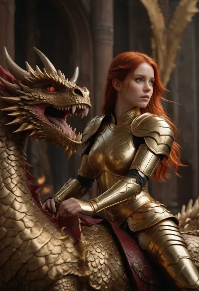 ultrarealistic girl with a gold armor, red hair, fantasy backgroud, is riding a huge gold dragon