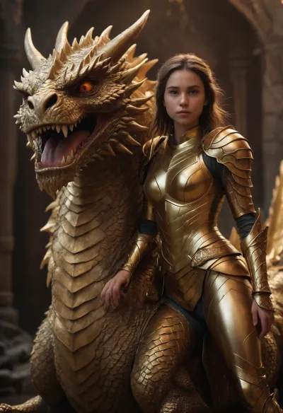 ultrarealistic girl with a gold armor, fantasy backgroud, is riding a gold huge dragon