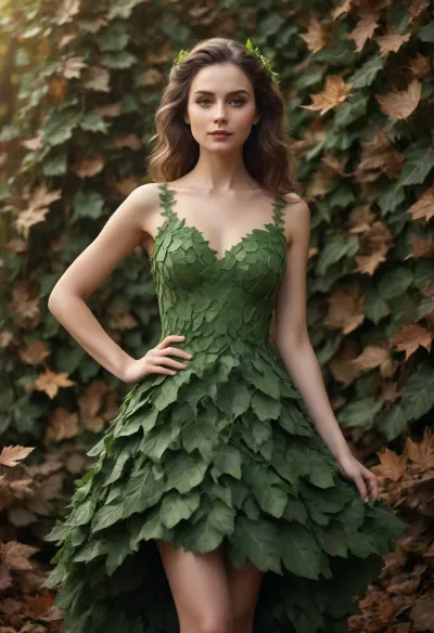 A woman, she is wearing a dress made of leaves, /©KlTTY-ART/