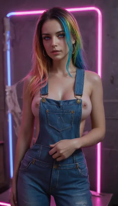 flamboyant young women, hyperrealistic 3d render of a grungy woman with rainbow hair, soft eyes and narrow chin, figure, long hair straight down, (((intricate, glowing neon sexy rave overalls:1.6))), glowing neon aqua sexy rave fishnets or stockings, very large breasts, grabbing tits, erect nipples, wet++, raining++, slightly wet hair++, dim volumetric lighting, 8k octane beautifully detailed render, post-processing, most of body visible, extremely hyper detailed, intricate, Curvy, body