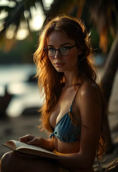 candid photo of a beautiful sexy very petite 33 year old redhead woman, long braided ginger hair, no makeup, freckles, skinny, small breasts, glasses, dressed in blue and yellow bikini, wearing an opened blouse, setting is a Caribbean beach at sunset, sitting in perfect sand, leans against a palm tree, reads a thick book, a thick novel as holiday reading, silent smile, view from side and above, photorealistic, highly detailed, <lora:MJ52:2>, <lora:BUT_SDXL_SHS:2>, <lora:style_lora_realis:2>, <lora:attractive_notrigger:2>, <lora:dark:.1>