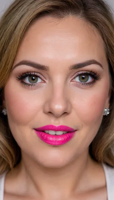 (masterpiece, best quality, photorealistic, ultra-detailed, highres, soft lighting), Obese, (milf), (mature:1.5), 65 y.o., Macedonian, chubby heart-shaped face with refined features, thick arched eyebrows, large light hazel-blue eyes with long thick eyelashes, straight nose with delicate tip, very plump glossy lips with bright pink hue, chubby cheeks, soft chin, wrinkles on face, olive skin with warm undertone, few faint freckles on nose, lips parted, open mouth, voluptuous lips, smiling, big smile, straight white teeth, bold makeup with winged eyeliner and bright lipstick, centered face, symmetrical, plump lips, sultry parted lips, shoulder-length wavy auburn hair framing face, in a softly blurred gradient background, downblouse, nipslip, <lora:RealDownblouseXL2:.8>