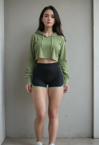 Black hair, front view, standing, long hair, green crop top hoodie, compression shorts, camel toe, horny, white sneakers, pussy juice leaking through compression shorts