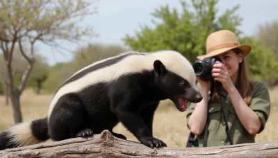 Photorealism, photorealistic, realistic, {African savannah, (honey badger, baring its teeth, sitting on a tree branch), close-up, clear image of black and white fur, (like a cape), short, strong paws with sharp claws and powerful jaws with bared teeth, (double exposure), (picture within a picture), standing at a short distance, (female photographer in a cork helmet and safari suit, photographing a honey badger:1.4), (with a mirror camera with a wide-angle lens:1.2), side view, dynamic movement, high detail, ultra-realistic, cinematic lighting, 8K