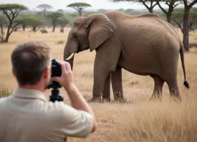 looking over the shoulder of a photographer in the African savanna, he is dressed in safari attire, he is using a dslr camera to take a photo of an elephant, view from behind