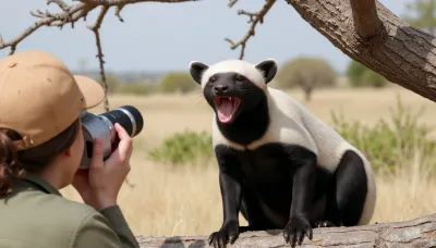 Photorealism, photorealistic, realistic, {African savannah, (honey badger, baring its teeth, sitting on a tree branch with a swarm of bees above it), close-up, clear image of black and white fur, (like a cape), long, strong body, short, powerful paws, white-gray, 20 cm. tail, sharp claws and powerful jaws with bared teeth, (double exposure), (picture in picture), standing at a short distance, (female photographer in a cork helmet and safari suit, photographing the honey badger:1.4), (with a mirror camera with a wide-angle lens:1.2), side view, dynamic movement, high detail, ultra-realistic, cinematic lighting, 8K