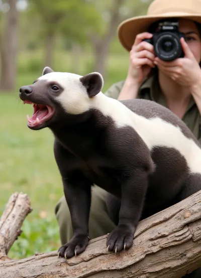 Photorealism, photorealistic, realistic, {African savannah, (honey badger, baring its teeth, sitting on a tree branch), close-up, clear image of black and white fur, (like a cape), short, strong paws with sharp claws and powerful jaws with bared teeth, (double exposure), (picture within a picture), standing at a short distance, (female photographer in a cork helmet and safari suit, photographing a honey badger:1.4), (with a mirror camera with a wide-angle lens:1.2), side view, dynamic movement, high detail, ultra-realistic, cinematic lighting, 8K