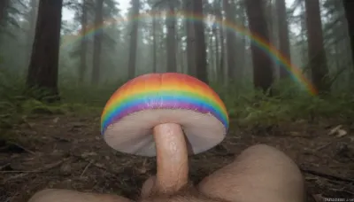look to microscope, forester fucking big mushroom, (mycelium, mushroom storm), glowing aura in dense forest, miracle, rainbow light circeled in open universe, orbit, rainbow storm, rainbow fire, rainbow air, rainbow earth