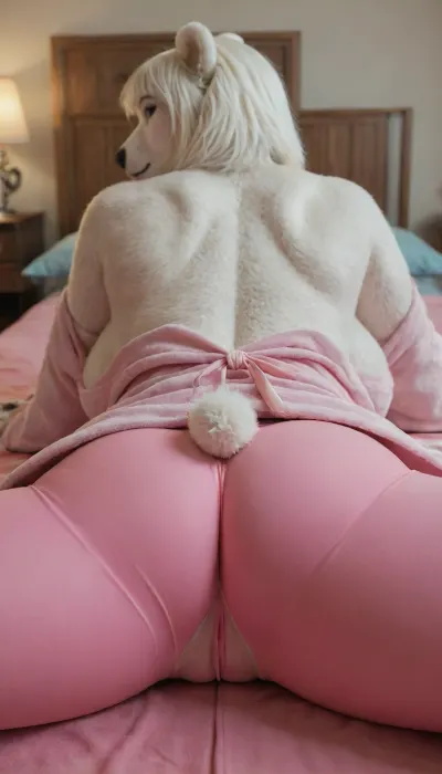 (back view:1.3), ((polar bear woman:1.2)), Anthro, anthrofied, bear, Bob cut, (closed robe, pink yoga pants:1.3), voluptuous body, cameltoe, horny, huge ass, big breasts, thick thighs, ((splits spread legs spreading)), finger claws, tiny areola, chubby figure, (((furry art, anthro woman)))