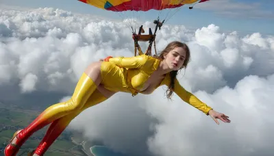 Petite 18-year-old lady, full length, erotic, She lies stretched out, parachute, (near plane, on open parachute), dramatic clouds, shoving tits like present, wet luxtury clothing, Victorian lady in latex, (all covere by rainbow hq Latex suite, catsuit in mouth), luxtury extended gume hat, looking shy and ashamed, hard nipples, <lora:MJ52:.8>, downblouse, nipslip, <lora:RealDownblouseXL2:.8>