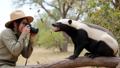 Photorealism, photorealistic, realistic, {African savannah, (Ratel, baring its teeth, sitting on a thick tree branch with a swarm of bees above it), close-up, clear image of black and white fur, (similar to a cloak), short, strong paws with sharp claws and powerful jaws with bared teeth, standing at a short distance, (female photographer wearing a wide-brimmed hat and safari suit, photographing the honey badger:1.4), (with a mirror camera:1.2), side view, high detail, ultra-realistic, cinematic lighting
