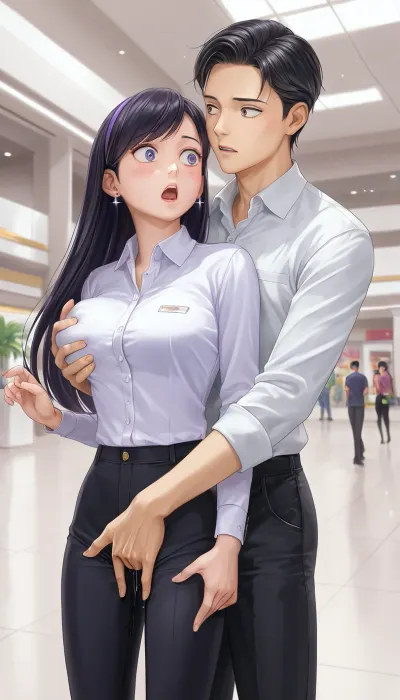 Surprised, look away, violet parr, (groping her exposed pussy + fingering pussy), white collared shirt, Black pants, black hair male fingering through clothes, male hand in female pants, standing, mall background, (Comfyui with controlnet), Model