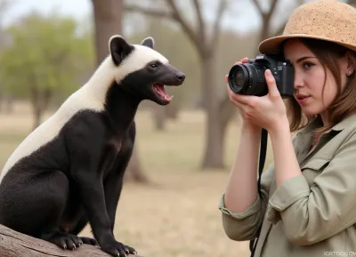 Photorealism, photorealistic, realistic, {African savannah, (honey badger, baring its teeth, sitting on a tree branch), close-up, clear image of black and white fur, (like a cape), short, strong paws with sharp claws and powerful jaws with bared teeth, (double exposure), (picture within a picture), standing at a short distance, (female photographer in a cork helmet and safari suit, photographing a honey badger:1.4), (with a mirror camera with a wide-angle lens:1.2), side view, dynamic movement, high detail, ultra-realistic, cinematic lighting, 8K