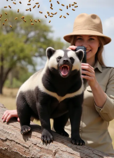 Photorealism, photorealistic, realistic, {African savannah, (honey badger, baring its teeth, sitting on a tree branch with a swarm of bees above it), close-up, clear image of black and white fur, (like a cape), short, strong paws with sharp claws and powerful jaws with bared teeth, (double exposure), (picture within a picture), standing at a short distance, (female photographer in a cork helmet and safari suit, photographing a honey badger:1.4), (with a mirror camera with a wide-angle lens:1.2), side view, dynamic movement, high detail, ultra-realistic, cinematic lighting, 8K
