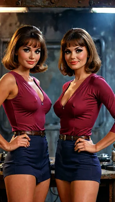 Two women. Identical twin stunning sexy busty 40-something actresses portraying groovy 1960s spies smiling confidently and standing in action stances with pistols in a cinematic 1960s retro-atomic age secret base, 1960s vibe, identical 1960s mod out fits, ((identical twins of same height wearing identical clothing)), (identical faces), identical 1960s hairstyles, large breasts, full moist lips, big confident smile, looking at viewer, strong features, big luminous expressive eyes, strong eyebrows, long eyelashes, professional makeup and hair, interesting secret base in the background with menacing-looking defenses, cinematic, hyper realistic, natural skin with pores and blemishes, skindentation, incredibly detailed photo, but, clothes, braless, Wearing, that, make, sense, with, Braless>, <lora:MJ52:2>, <lora:add-detail-xl:2>, <lora:BUT_SDXL_SHS:.3>, <lora:bralessSDXL_v1_00022:1.2>