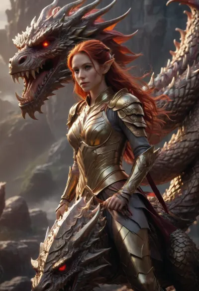 ultrarealistic elf female warrior with a gold armor, red hair, fantasy backgroud, riding a huge gold dragon, arien_dragon, <lora:ArienDragonGirlV1-SDXL:.8>