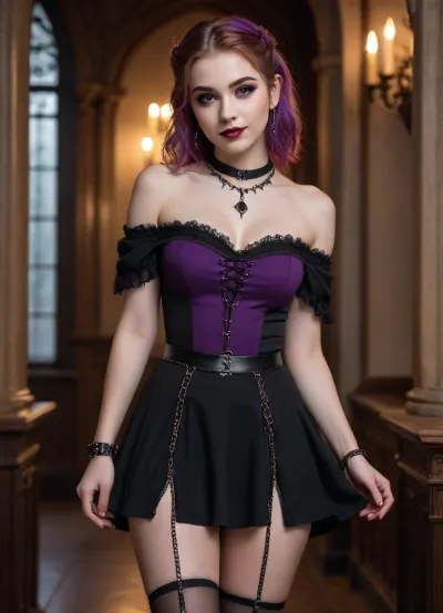 A digital photograph of a very busty 18-year-old woman with fair skin and chestnut hair with violet streaks behind her ears, dressed in a modern gothic outfit featuring a voluptuos neckline, short skirt, off-shoulder top, and decorative chains. She strikes a seductive, playful pose, slightly lifting one leg while smiling naturally. Her makeup includes dark eyeliner and subtle lipstick, maintaining an elegant gothic tone. The background shows a minimalist indoor setting, softly illuminated, emphasizing her stylish and expressive look.