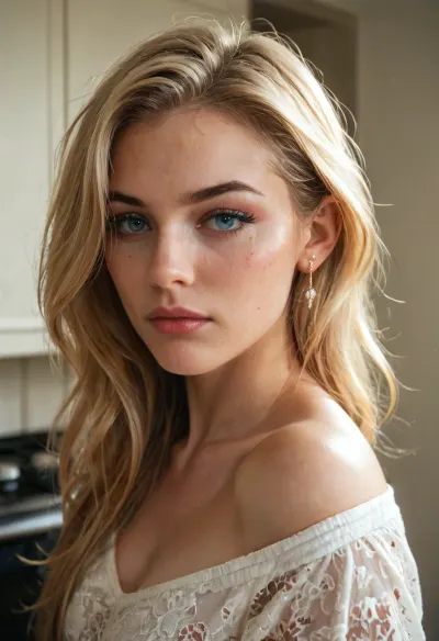 a realistic portrait of a woman in her early 40s resembling Skyler from Breaking Bad, with blonde hair parted to the side, subtle eye makeup, slight frown, standing in a suburban kitchen with warm yellow light, high-quality cinematic photography, inspired by American TV drama style, emotional and grounded tone, 8k ultra-realistic detail