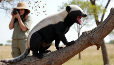 Photorealism, photorealistic, realistic, {African savannah, (honey badger, baring its teeth, sitting on a tree branch with a swarm of bees above it), close-up, clear image of black and white fur, (like a cape), long, strong body, short, powerful paws, white-gray, 20 cm. tail, sharp claws and powerful jaws with bared teeth, (double exposure), (picture in picture), standing at a short distance, (female photographer in a cork helmet and safari suit, photographing the honey badger:1.4), (with a mirror camera with a wide-angle lens:1.2), side view, dynamic movement, high detail, ultra-realistic, cinematic lighting, 8K