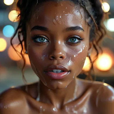 18 year old female african nigerian queen, covered in thick white realistic cum, big eyes, sexy expression, night, smile, woman, cum, on, face, <lora:MJ52:.3>, <lora:BUT_SDXL_SHS:1.3>, <lora:add-detail-xl:.7>, <lora:CinematicStyle_v1:2>, <lora:JustCum:1.5>