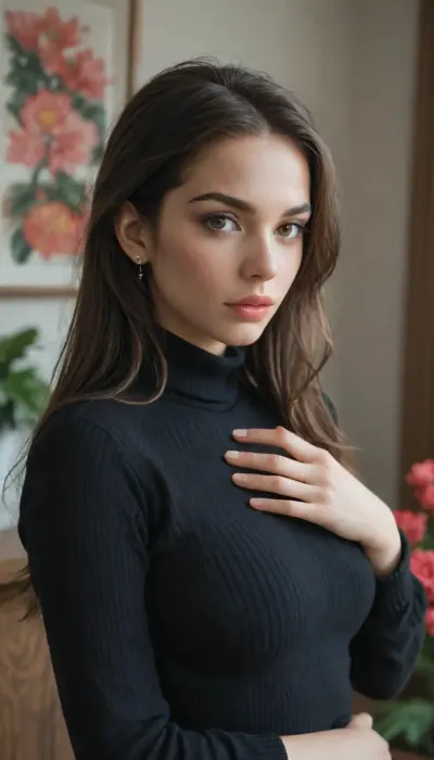 Beautiful 23 yo russian woman, long brunette hair, brown eyes, coral lips, makeup, lift her black turtleneck sweater and hold her boobs with hands