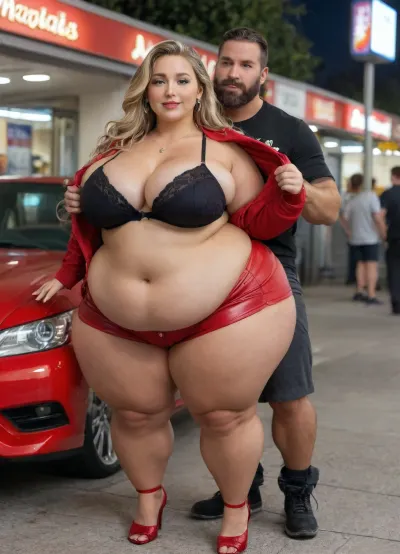 (masterpiece, best quality), (location is a parking space of a McDonalds at night), (standing), (1 fat woman + 1 muscular men), ((A very lush and voluptuous very beautiful short Swedish 20-year-old plus size girl with a very pretty chubby face and very long blonde hair wearing red leather shorts and a black biker jacket with red details and black bra underneath and high heels:1.2)), ((1 tall handsome athletic muscular man with a big beard behind the women who grabs on her thick thighs and breast:1.6)), very realistic blue eyes, (bronze tanned skin:1.4), lips parted, perfect heavy sexy bimbo makeup, red lipstick, ((fertile goddess)), (small soft natural teardrop breasts:1.2), (fat girl:1.4), (morbidly obese girl:1.4), (wide hips:1.2), (fat bubble butt:1.2), (chubby thighs:1.2), (chubby belly:1.2), (chubby girl:1.4), (very chubby face:1.6), (very chubby cheeks:1.6), (chubby neck:1.2), (chubby arms), seductive eyes, sexy head-tilt, captured with a Leica M10, Leica Summilux 50mm f/1.4 lens, sharp focus, best shadow, score_9, score_8_up, 8K, UHD, clear image, extremely sharp, extremely detailed, extremely intricate detail, high res, ultra-high-definition, highly detailed, ultra-sharp textures, finely detailed, perfect skin texture, hyperrealistic lighting, professional photography, full dynamic range, deep contrast, high clarity, realistic depth of field, HDR, perfect exposure, smooth gradients, volumetric lighting, natural reflections, ultra-fine details, realistic skin pores, individual hair strands, bokeh, soft shadows, color-graded, NEGATIVE_HANDS, igbebe, <lora:attractive_notrigger:1.8>, <lora:IG_Babe:1.9>