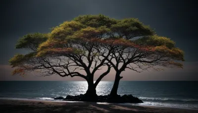 black background color on light trees on sea