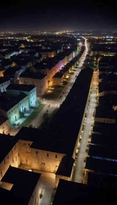 black background, town wall is illuminated from above by a beam of many colors