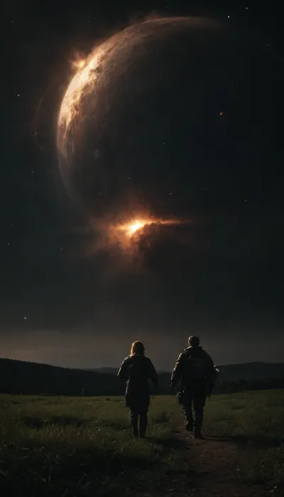 Landscape, dark night, low green grass, (black sky with a huge number of bright stars:1), (galactic arm in the sky:1), two human silhouettes on the grass looking up at the sky, ((ultra HD qwality 8k)), (In the background, a huge black-and-white, angular, highly detailed space cruiser with engines running and flames coming out of the nozzles), <lora:dark:1.3>, <lora:cindrt:2>