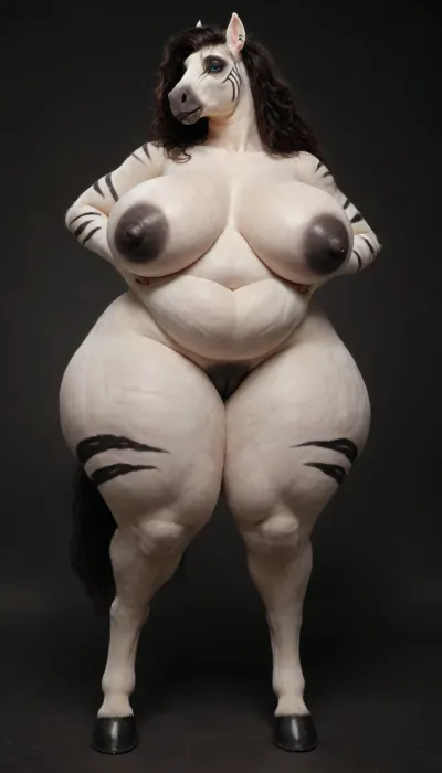woman, ((Anthro, Character_tanya-winters_crowchild)), dark background, FULL BODY, huge breast, sexy chubby girl, alone, long horse face, nude, body covered in deep white fur, dark zebra stripes throuout fur, soft fur, very bright blue eyes, big tits, looking away, black lips, black lipstick, purple eyeliner, smooth fur, (black background), (perfectly scaled up:1.1), big saggy tits, very wide hips, thick thighs., ((huge tits, floppy tits, thick protruding nipples black nipples)), black vagina, long black maine, full lips, ((wide, very wide hips, thick cellulite hips)), ((belly bulges and sags, deep navel, thick cellulite belly)), super wide huge hips, fursuit, flabby belly, <lora:milkers_v2:.7>, <lora:Fur:.8>, <lora:FursuitXL:.8>, arabian, horse, friesian, centaur, <lora:Horsesv2:.8>